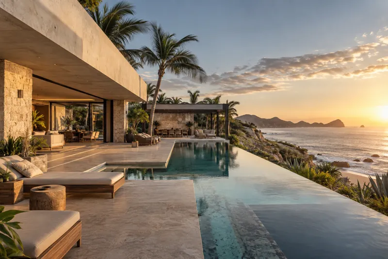 Residencia contemporánea con alberca y terraza abierta al océano